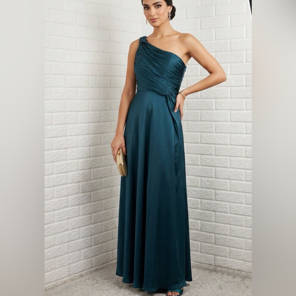 LAUNDRY BY SHELLI SEGAL ONE SHOULDER EVENT DRESS DARK TEAL SATIN and SILK SZ 8